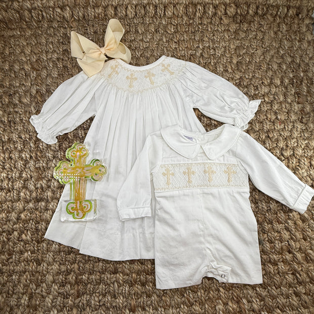 Smocked Long-Sleeve Cross Shortall - White with Cream Crosses