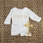 Smocked Long-Sleeve Cross Shortall - White with Cream Crosses