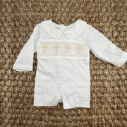 Smocked Long-Sleeve Cross Shortall - White with Cream Crosses