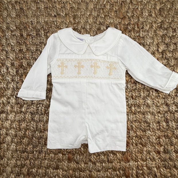 Smocked Long-Sleeve Cross Shortall - White with Cream Crosses