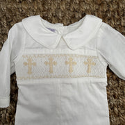 Smocked Long-Sleeve Cross Shortall - White with Cream Crosses