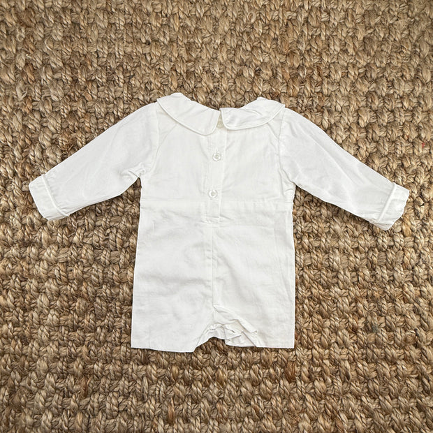 Smocked Long-Sleeve Cross Shortall - White with Cream Crosses
