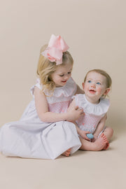 Smocked Toulouse Romper in White with Pink Ruffle Collar