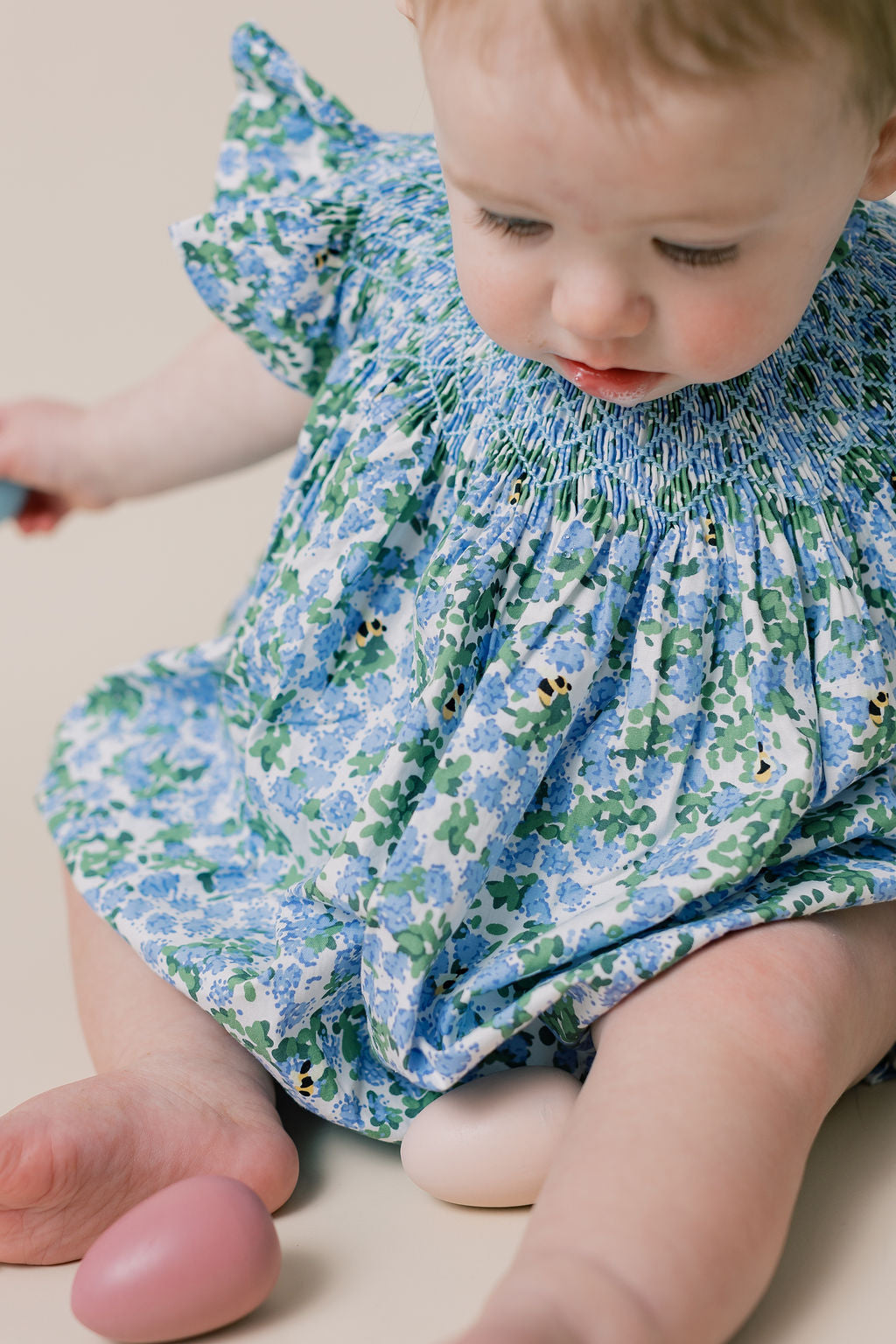 Smocked Floral Bubble Romper- Hydrangea Bee Print – Pleats and