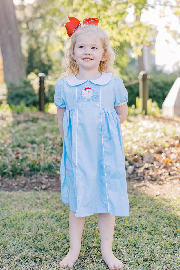 Santa Smocked Christmas Dress With Collar in Light blue Santa Smocked Christmas Dress With Collar in Light blue