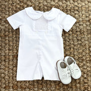 Smocked Heirloom Shortall in White with Buttons