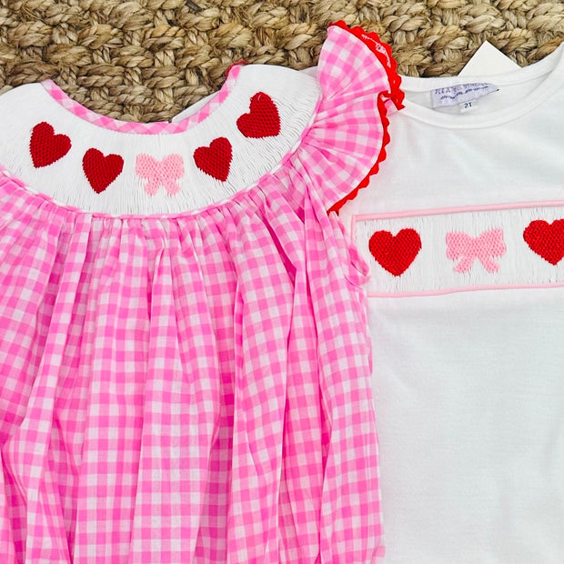Valentine Smocked Romper - Red Hearts and Bows on Pink Gingham