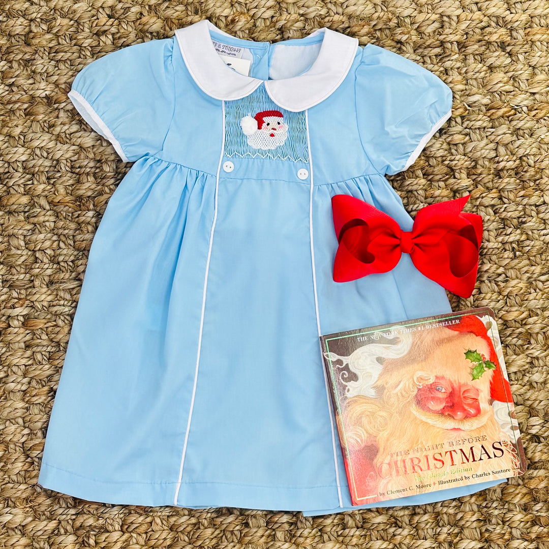 Santa Smocked Christmas Dress With Collar in Light blue Pleats and Stitches Santa Smocked Christmas Dress With Collar in Light blue Pleats and Stitches