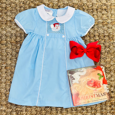 Santa Smocked Christmas Dress With Collar in Light blue