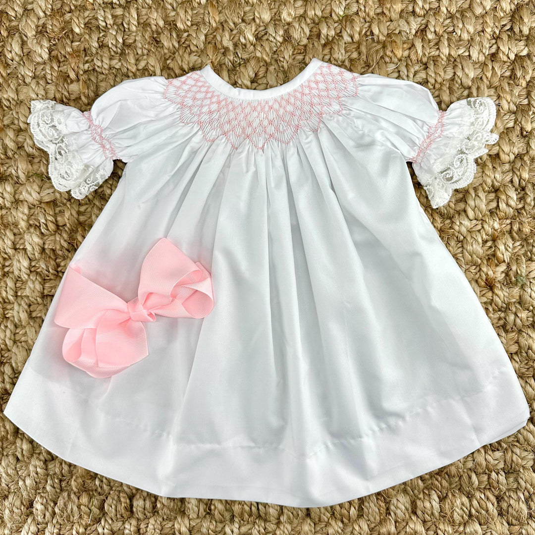 smocked dresses baby girl Smocked Dress in White & Pink with Lace Sleeves