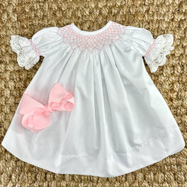 Smocked Dress in White & Pink with Lace Sleeves