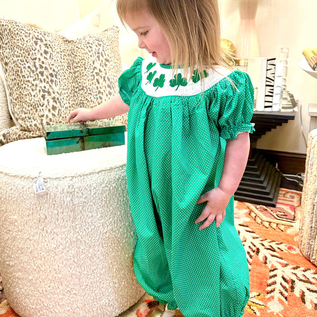 Smocked Shamrock Long Bubble in Emerald Green with White Polka Dots - St. Patrick's Day, Saint Patrick, Clover, Baby Girl, Baby Gift, 693