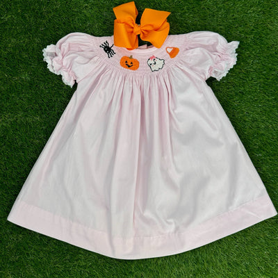 Smocked Halloween Dress in Pink with Spider, Candy Corn, Ghost, and Pumpkin