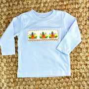 Smocked Thanksgiving Turkey Shirt in Blue Knit (pants sold separately)