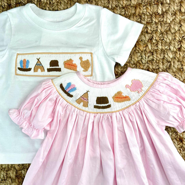 Smocked Thanksgiving Shirt in White Knit- (pants sold separately)