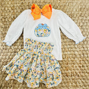 Autumn Floral Ruffle Skirt- Smocked Waist and Built in Shorts- Fall, Halloween, Thanksgiving, Spring, embroidered, Tween, sibling 737 *E
