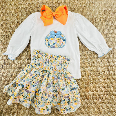 Autumn Floral Ruffle Skirt- Smocked Waist and Built in Shorts- Fall, Halloween, Thanksgiving, Spring, embroidered, Tween, sibling 737 *E