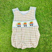Pumpkin Smocked Boy's Bubble in Tan Gingham