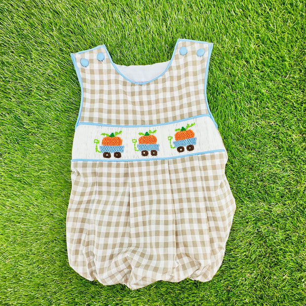 Pumpkin Smocked Boy's Bubble in Tan Gingham