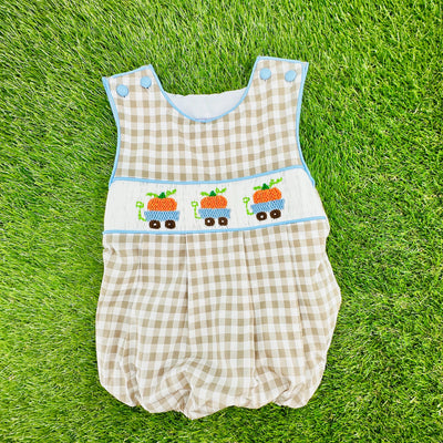 Pumpkin Smocked Boy's Bubble in Tan Gingham