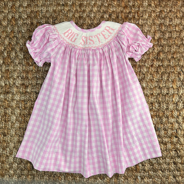 Smocked Big Sister Gingham Dress. Pink Bishop Dress, Baby Girl, Heirloom Dress 649