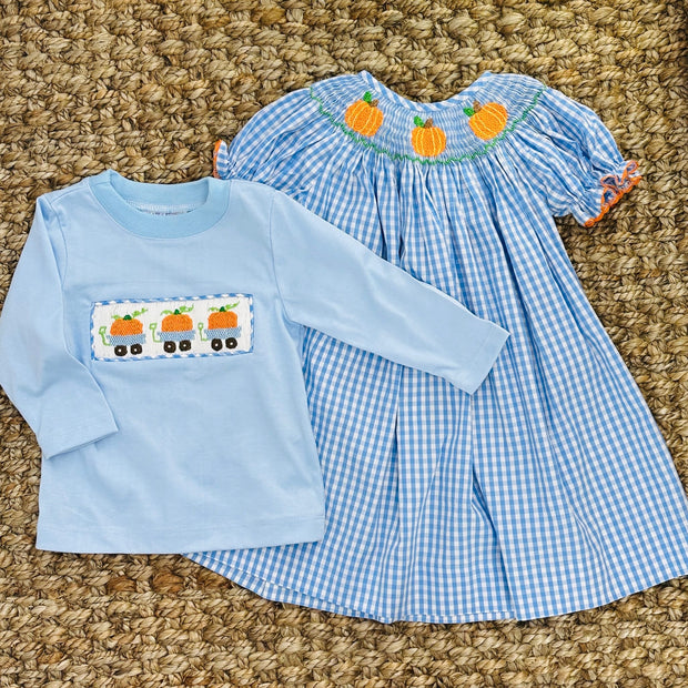 Smocked Pumpkin Shirt in Blue Knit (shorts sold separately)