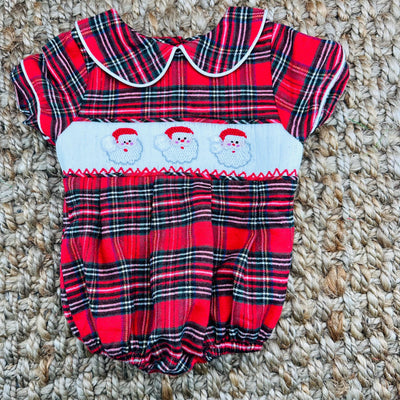 Santa Smocked Christmas Boy's Bubble in Tartan Plaid