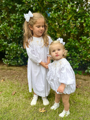 Smocked Cross Dress in White with Cream Crosses and Long Sleeves