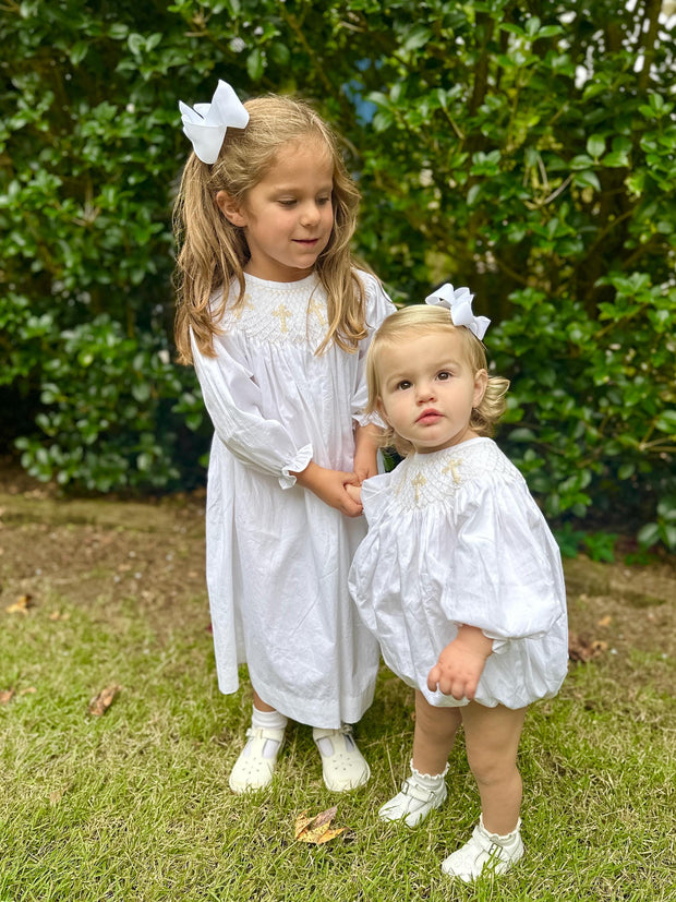 Smocked Cross Dress in White with Cream Crosses and Long Sleeves