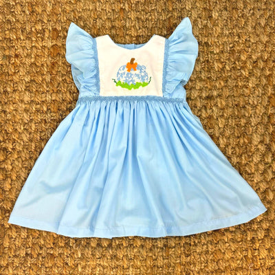 Pumpkin Smocked Avignon Dress - Embroidered Pumpkins on Blue Dress