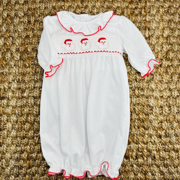 Santa Smocked Christmas Layette Gown- Baby Girl Pleats and Stitches Santa Smocked Christmas Layette Gown- Baby Girl Pleats and Stitches