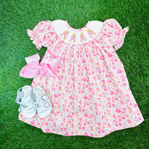 Easter Bunny Smocked Dress- Pink Floral Liberty Print Easter Bunny Smocked Dress- Pink Floral Liberty Print