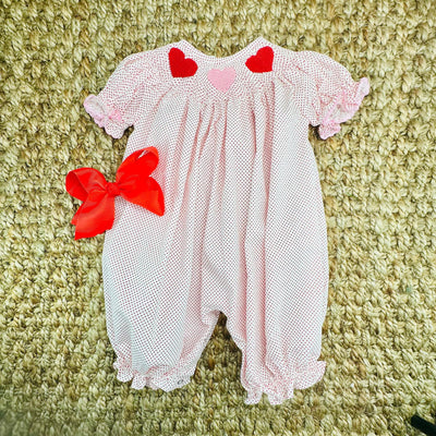 Smocked Valentine Heart Long Bubble in Polka Dot with Red & Pink Hearts, Valentine's Day Romper, Baby Girl, Baby Gift, Heirloom 688