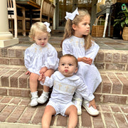 Smocked Cross Dress in White with Cream Crosses and Long Sleeves