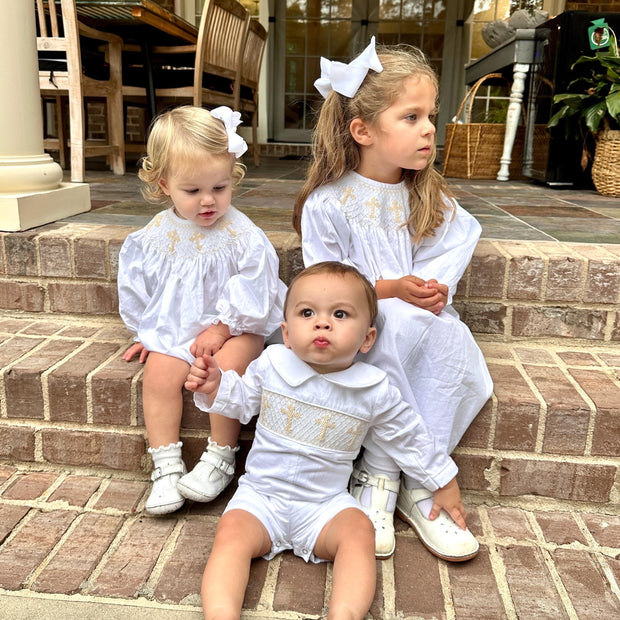 Smocked Cross Dress in White with Cream Crosses and Long Sleeves