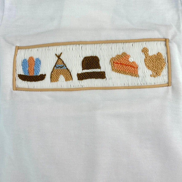 Smocked Thanksgiving Shirt in White Knit- (pants sold separately)