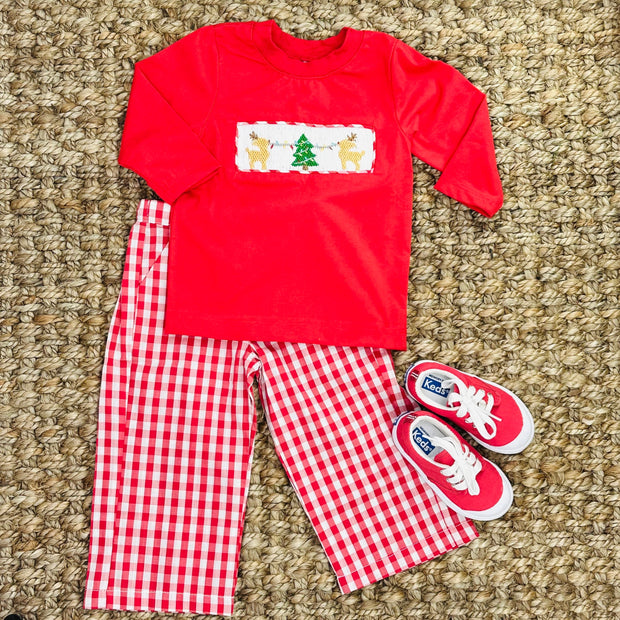 Smocked Christmas Reindeer Shirt in Red Knit