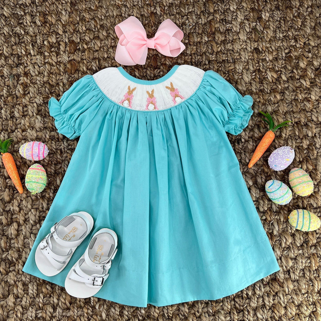 Smocked Bunny Dress in Mint- Bow and Puff Tail Smocked Bunny Dress in Mint- Bow and Puff Tail