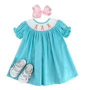 Smocked Bunny Dress in Mint- Bow and Puff Tail