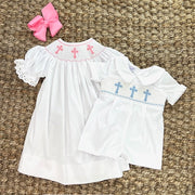 Cross Smocked Shortall in White with Blue Crosses