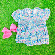 Smocked Charlotte Bubble Romper- Blue Floral Liberty Print