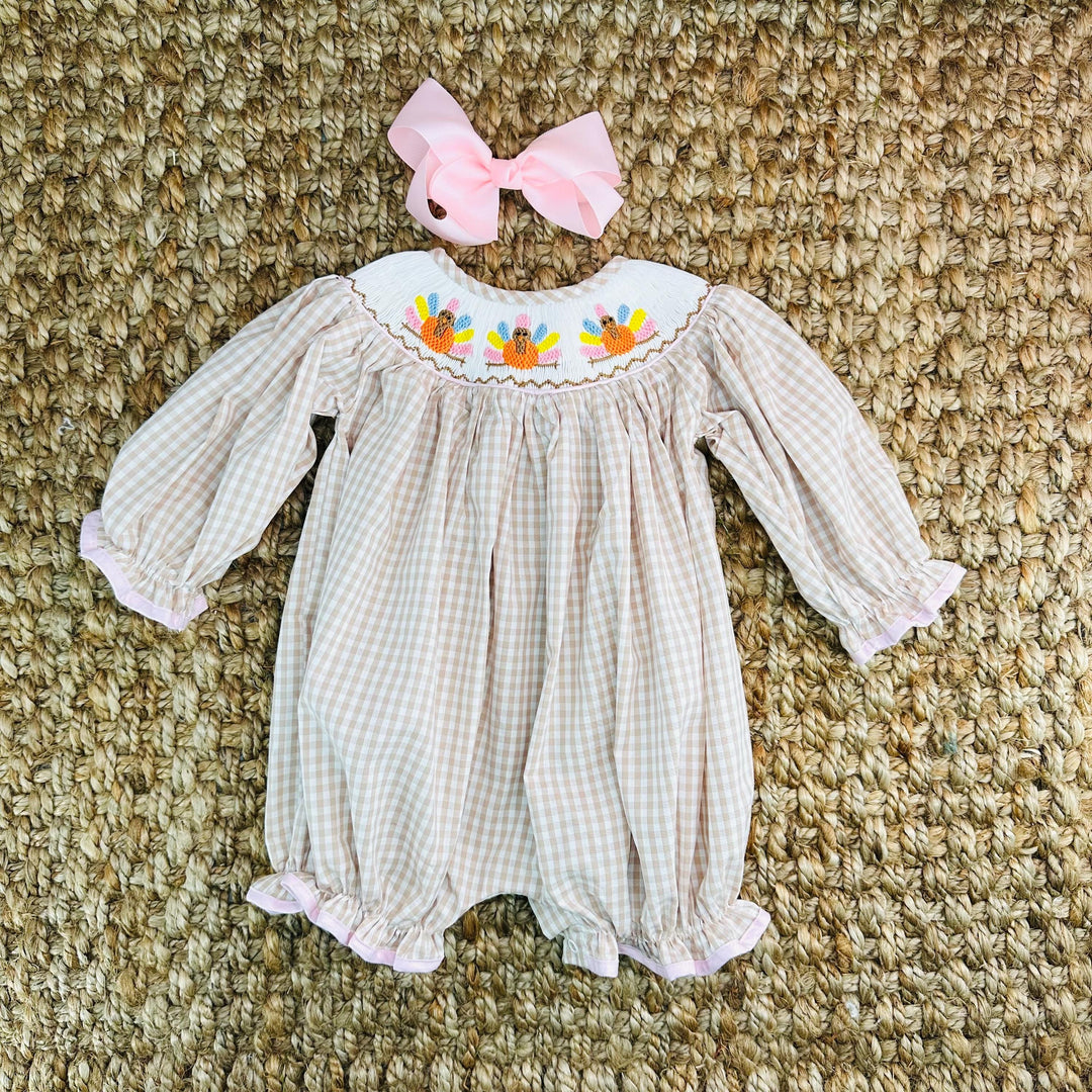Turkey Smocked Gingham Bubble Romper – Pleats and Stitches