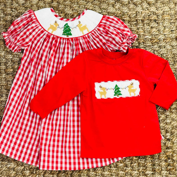 Smocked Christmas Reindeer Shirt in Red Knit