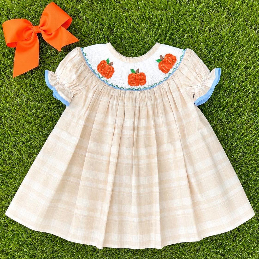 smocked pumpkin dress Dress- Tan Plaid Matching Smocked Pumpkins Bishop Color:Lemon Vine French Grey | Dresses atf-sm-12.19.25