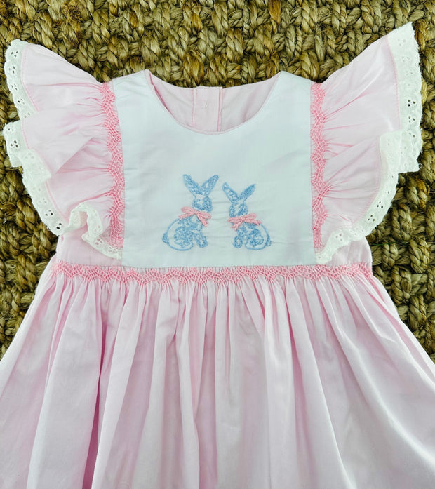 Bunnies Smocked Avignon Dress - Chinoiserie Embroidered Bunnies