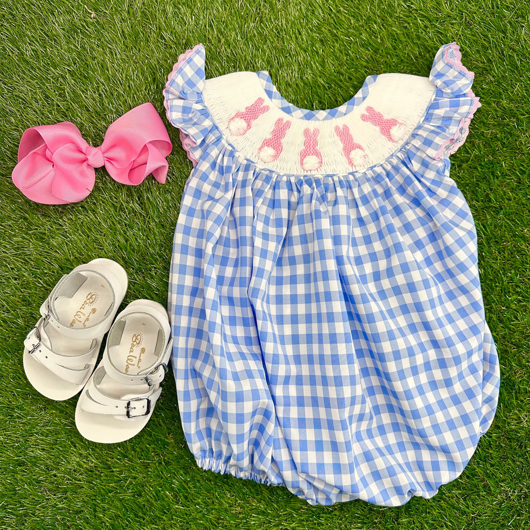 Easter Bunny Smocked Bubble Romper on Blue Gingham Easter Bunny Smocked Bubble Romper on Blue Gingham