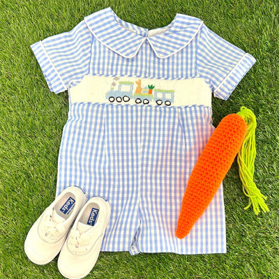 Easter Train Collared Shortall in Blue Gingham