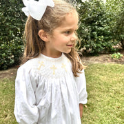 Smocked Cross Dress in White with Cream Crosses and Long Sleeves