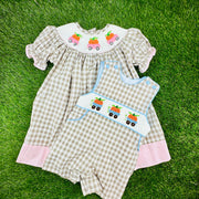 Smocked Pumpkin Dress in Tan Gingham