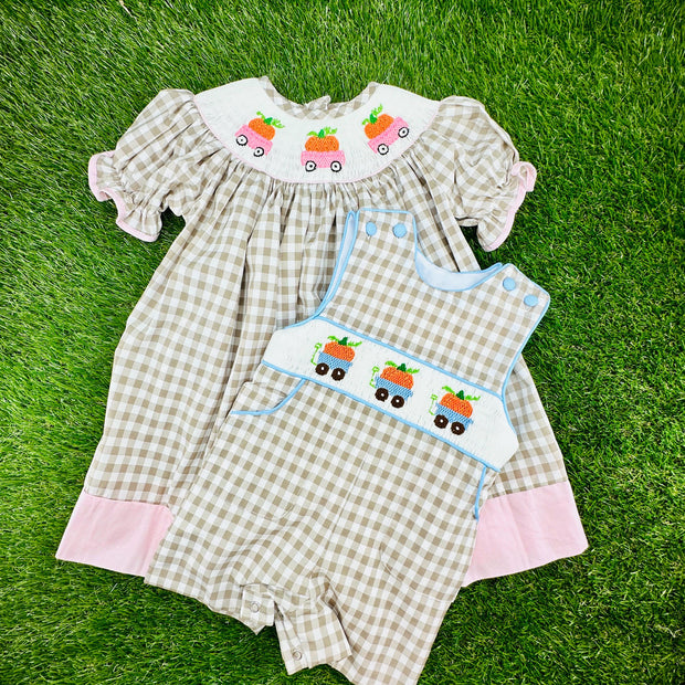 Smocked Pumpkin Dress in Tan Gingham